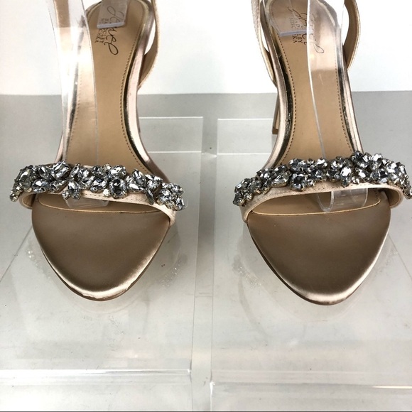 Jewel Badgley Mischka Embellished Stiletto Wrap Around Champagne Heels Sz 8.5 - Picture 3 of 9